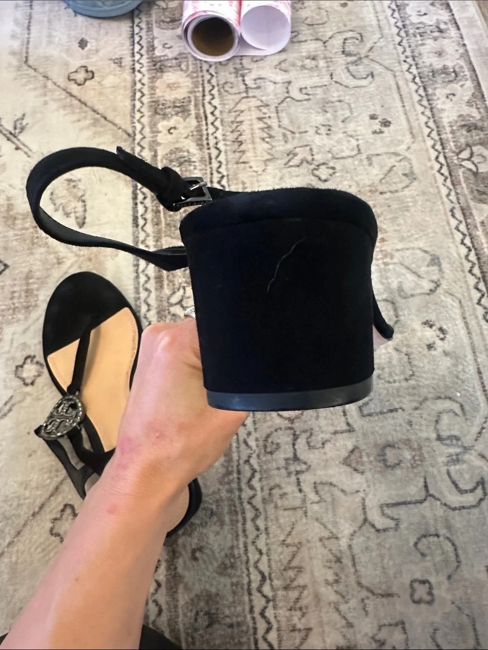 Tory Burch Black Medallion Rhinestone Strappy Sandals Black Suede size 10M